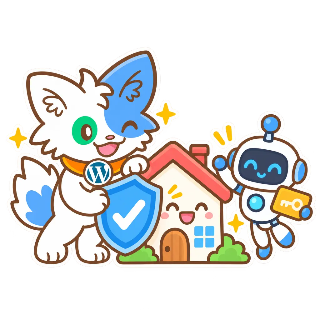 Le chat de Meow Apps protège un petit site en forme de maison avec un bouclier, pendant qu'un robot muni d'une clé lui fait signe