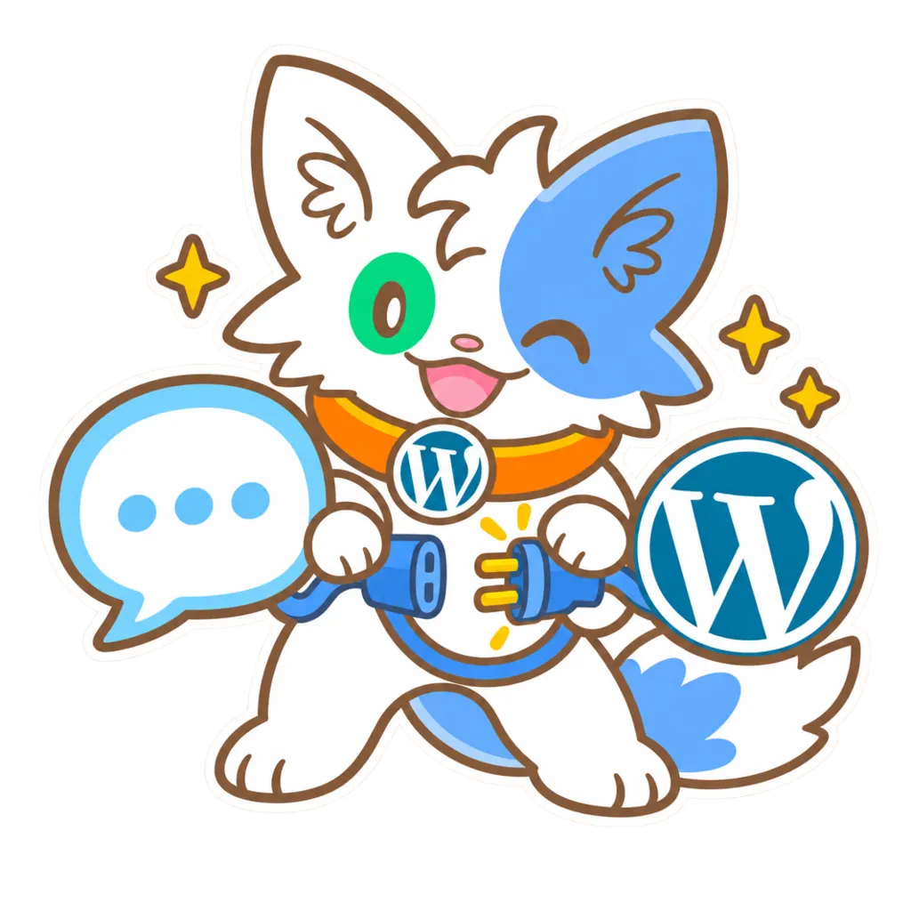 Le chat de Meow Apps relie une bulle de chat et un badge WordPress avec un câble