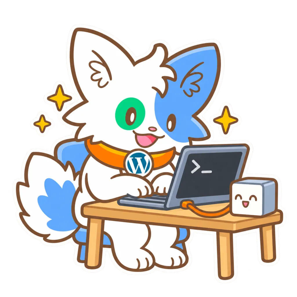 Le chat de Meow Apps tape dans un terminal, sur un portable relié à un cube souriant