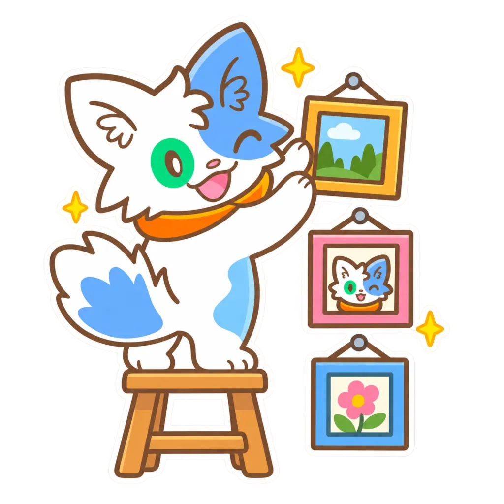 Le chat de Meow Apps accroche des photos encadrées en grille bien rangée