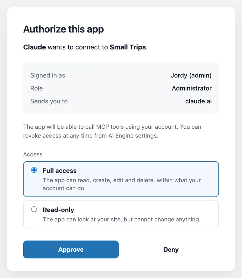 L'écran d'autorisation d'AI Engine : choisir Full access ou Read-only, puis Approve