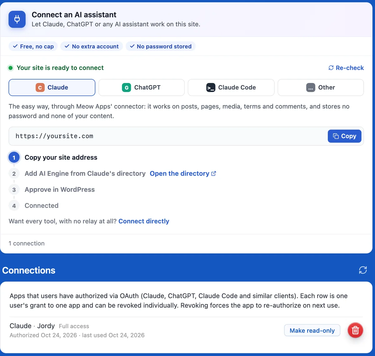 Les réglages MCP d'AI Engine : la carte Connect an AI assistant et la liste des connexions