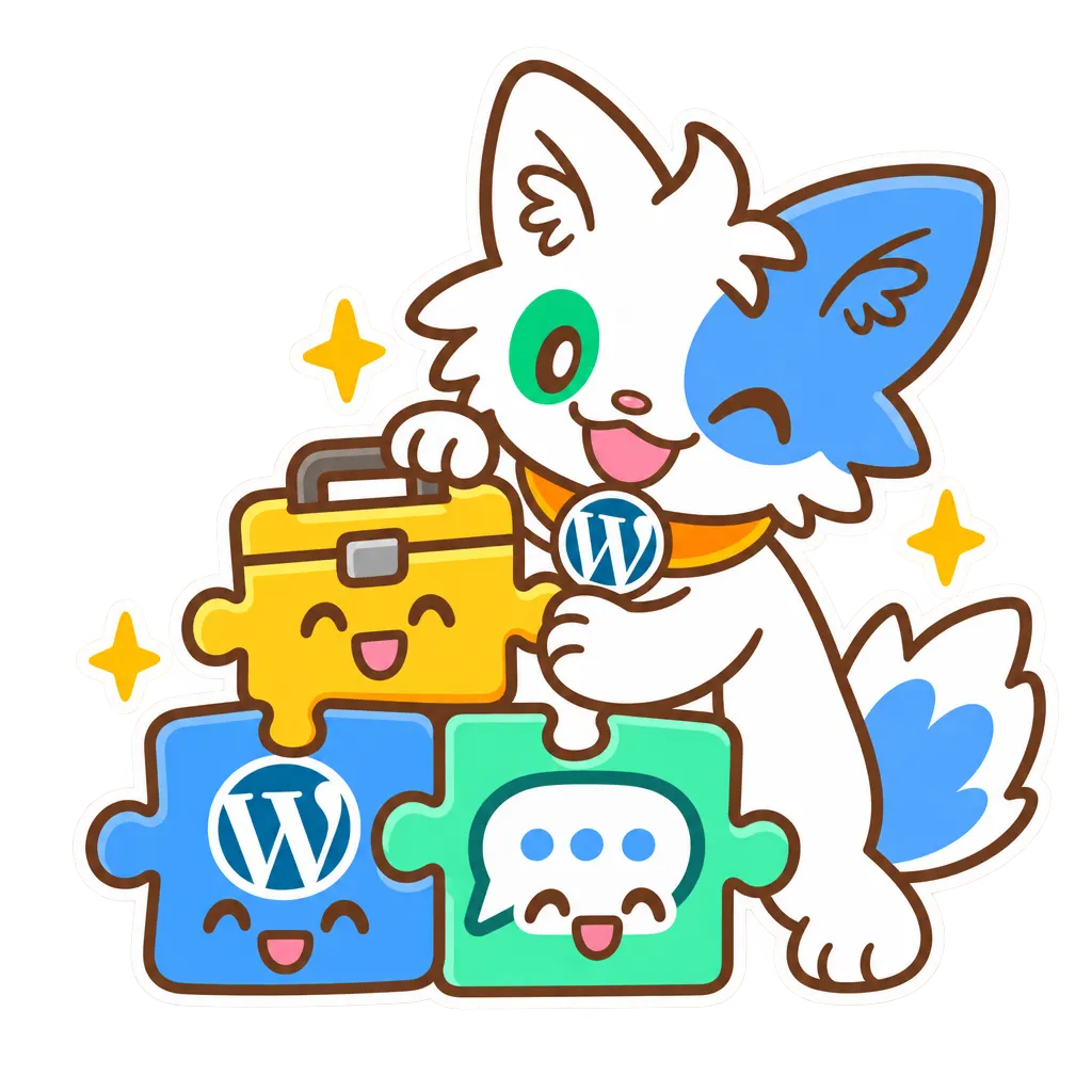 Le chat de Meow Apps assemble trois pièces de puzzle : une boîte à outils, un badge WordPress et une bulle de chat