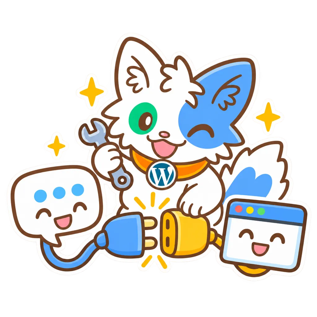 Le chat de Meow Apps, clé à molette en main, rebranche une bulle de chat sur un petit site web