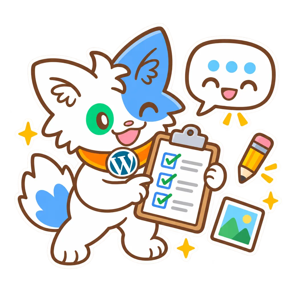 Le chat de Meow Apps tient une liste cochée, à côté d'une bulle de chat souriante